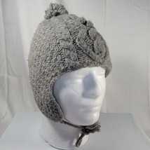 American Eagle Knit Beanie Hat Adult One Sz Grey Fuzzy Pom Pom Ear Flap ... - £11.67 GBP