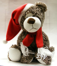 Plush Brown Bear w/ Santa Hat And Red Scarf &amp; White Tassels Holiday Accessory - £13.55 GBP