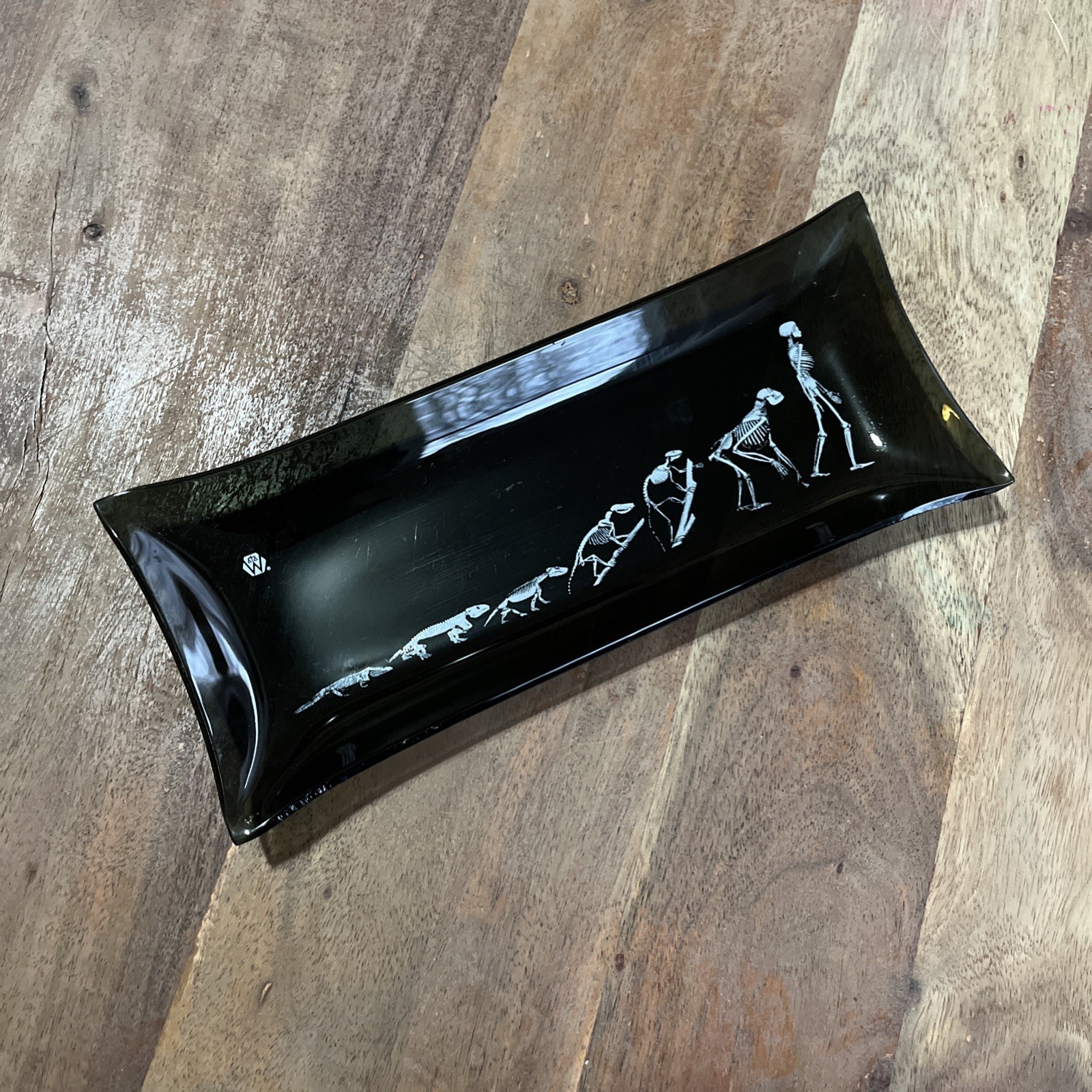 VTG black smoke glass tray skeleton evolution drawing 60s 9” L - $11.30