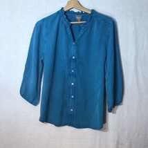 Chico&#39;s Size 1 Dark Turquoise Faux Button Up Shirt Ruffled Neck - £19.48 GBP