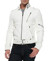 Mens White Leather Jacket, Men Biker Leather Jacket 2019 - £114.95 GBP