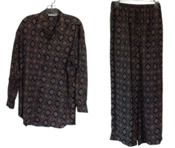 Vtg 90s Chaus Sport Blouse &amp; Pants, Size 10, Navy Blue With Brown , 100% Silk - £36.42 GBP