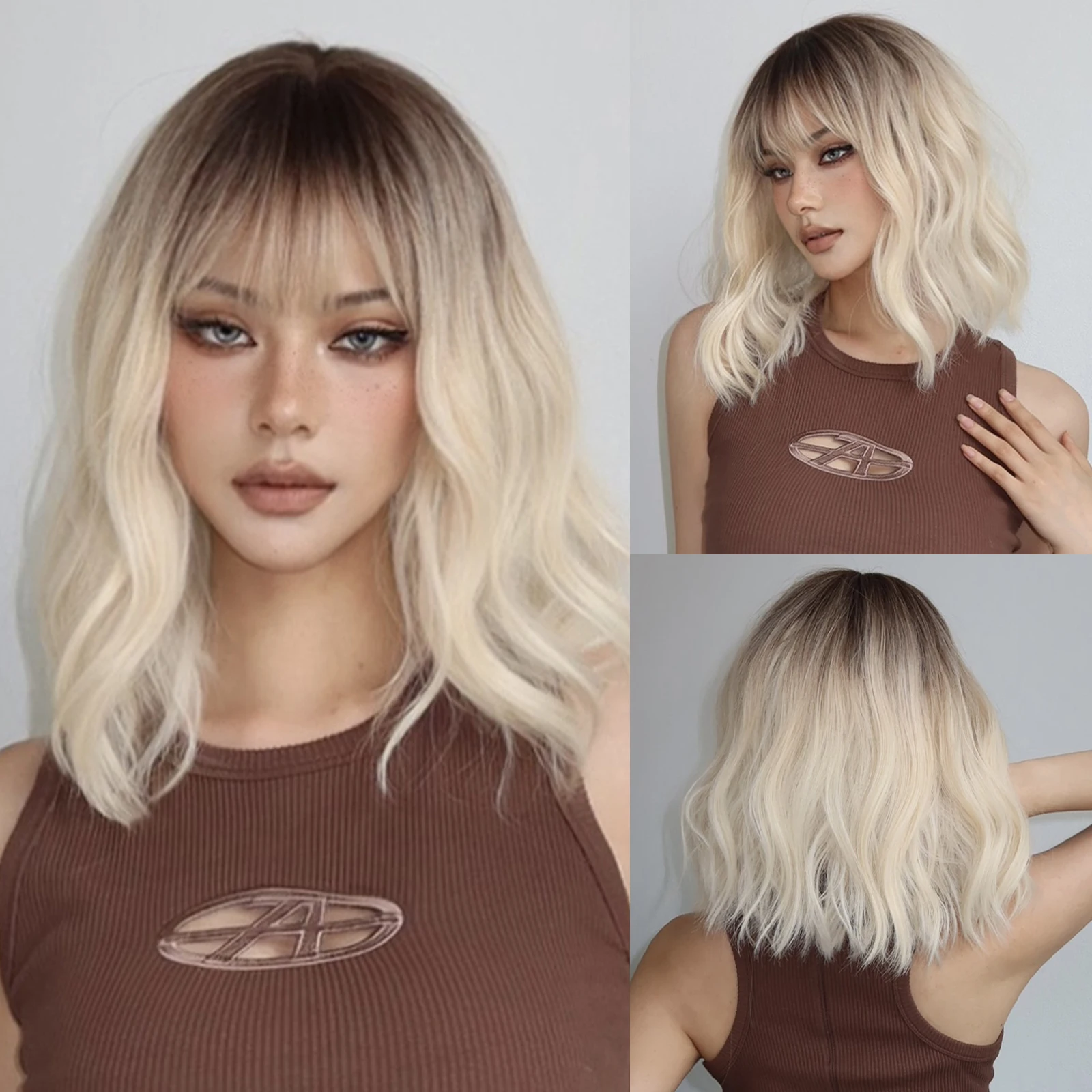 Blonde Brown Ombre Short Water Wavy Bob Synthetic Wigs with Bangs Natural Hair - £16.15 GBP+