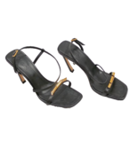 LANVIN Black Strappy 95mm Swing Sandals with Gold Bars at Toe- Size 37 - $399.99