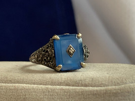 Sterling Silver Ring 3.08g Fine Jewelry Size 6.75 Blue Baguette Stone Prong - £38.94 GBP