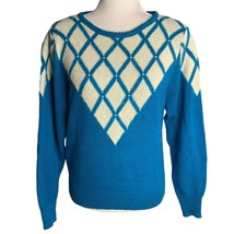 Vintage Miller Wool Angora Blend Sweater L Blue Knit Beaded Pullover Rib... - $32.52