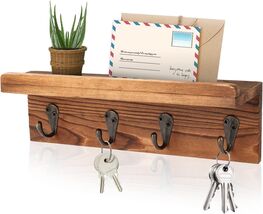 Rustic Key Holder Wall Farmhouse Shelf with 4 Hooks Wall Mounted Mail Ho... - $14.14