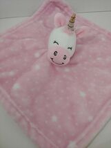 Pink white unicorn Security Blanket Hudson Baby stars dots horn has wear - $5.14