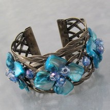 Vintage Sweet Blue Mother of Pearl Floral Bangle-Cuff - £27.28 GBP