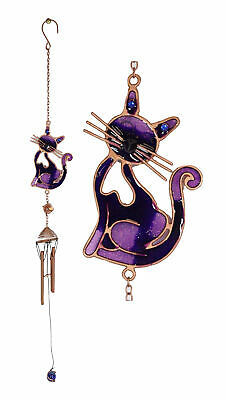 Stained Glass Feline Love Purple Slinky Cat Wind Chime Suncatcher Garden... - $19.99