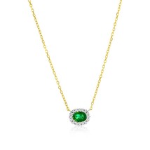14K Yellow Gold 4x3 Oval Emerald 0.18ct &amp; Diamond Necklace 16 Stones - £435.73 GBP