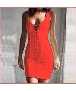 Red Sleeveless Full Front Lace Up Tunic Sheath Mini Length Pencil Dress - $968.60 MXN