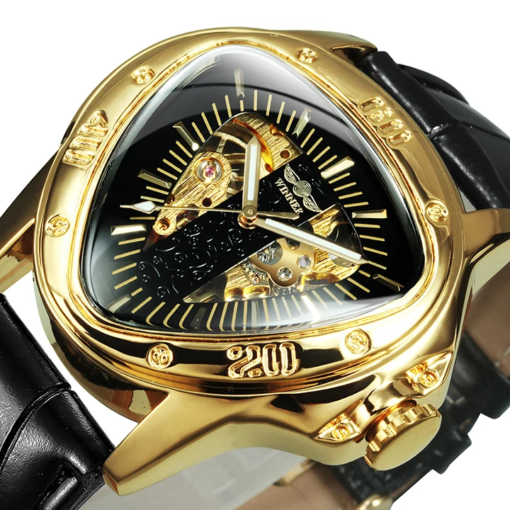 WINNER  Triangle Skeleton Mechanical  for Men  Hands   Leather Belt   Automatic  - £49.02 GBP