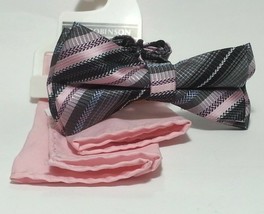 Bill Robinson Men Bow Tie with Pocket Square Pink Silver Polyester Ready To Wear - £12.96 GBP