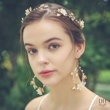Gold Leaf Bridal Headband, Wedding Headband, Flower Crown, Boho Bridal Earrings, - £21.94 GBP