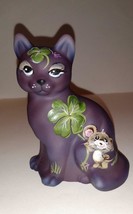 Fenton Glass Eggplant Purple Clover Mouse Sitting Cat Figurine LE Kibbe #10/22 - £144.59 GBP