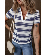 Dark Blue Stripe Collared Button V Neck Knitted T Shirt - $22.94 CAD