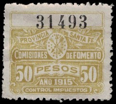 1915 ARGENTINA Revenue Stamp - Province De Santa Fe, 50 Pesos B2W - £1.19 GBP