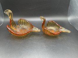 Set of Italy Hand Blown Art Glass Amber Swan Candy Dish Nut Dish Trinket Dish - $37.09