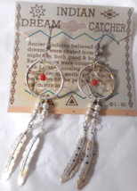 Dream Catcher Earrings Silver Tone Red Bead Feather Pierced Vintage Web (READ) - £7.01 GBP