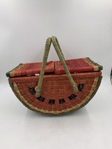 Vintage Watermelon Slice Wicker Picnic Basket Double Hinged Lid FLAWS READ - $23.96