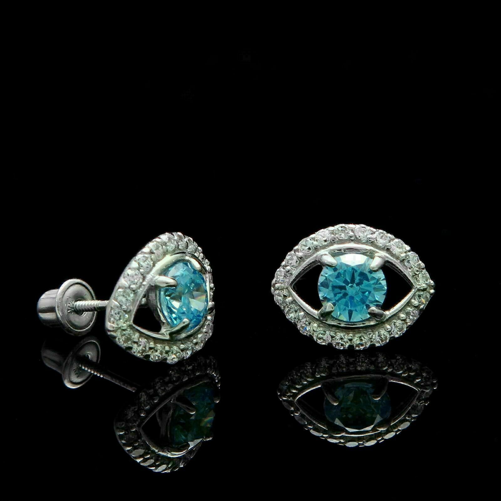 2.00Ct Round Cut Blue Topaz Push Back Eye Stud Or Blanc 14K Finition Item image 4