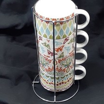 Pier 1 Imports 4 Pc Stackable Mug Set and Stand Butterrflies and Leaves Design - £13.95 GBP