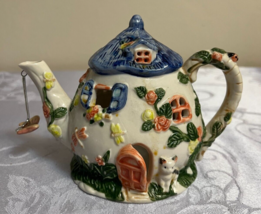 Ceramic Tea Light Candle Holder Medium Villa Tea Pot w/Hanging Butterfly - £15.91 GBP