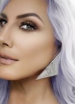 Vintage 1980s Earrings Silver Leather Triangles 3.5" HUGE w/Rhinestones ... - $39.95