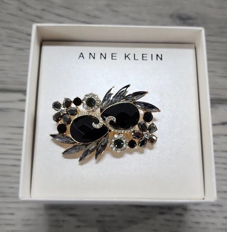Anne Klein Black & Gold Tone Rhinestone Brooch - $17.41