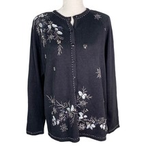 Stitches in Time Sweater Large Black Embroidery Button Down Beading New - $35.00