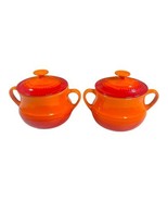 Lot of 2 Le Crueset FLAME Soup Bowls with Lids Crock Bean Pot 16 oz USED... - $104.71