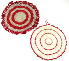 Vintage Hand Crocheted Pair of Doilies White Tan Red 6&quot; Diameter - $7.91