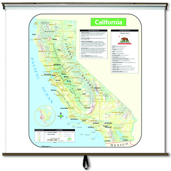 California Large Scale Shaded Relief Wall Map on Roller with Backboard ...