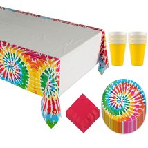 Bright Tie Dye Swirl Art Paper Dessert Plates, Napkins, Cups, and Table Cover fo - £18.67 GBP