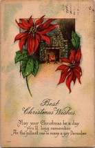 Vintage 1910 Christmas Greetings Postcard Poinsettia fireplace nostalgic a5 - £17.80 GBP