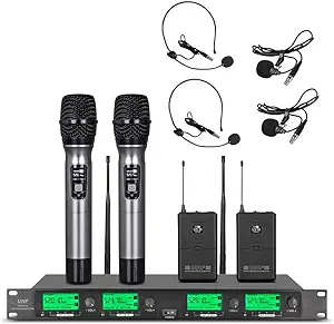 Wireless Microphone System Uhf 4 Channel 2 Handheld Mic 2 Headset 2 Lava... - £230.40 GBP