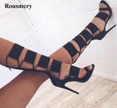 Hot Sale Women Fashion Cut-out Black Leather Mid-calf High Heel Sandal Boots Sex - £151.50 GBP