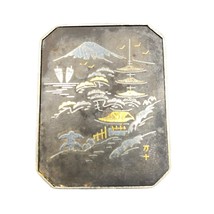 Vintage Japan Gold Plate and Silver tone Pagodas Mountains and birds Pin Brooch - £27.68 GBP