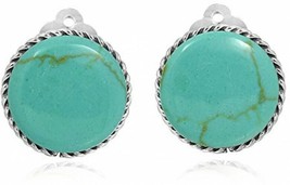 925 Sterling Silver 18 Mm Round Simulated Turquoise Botton Clip On Earrings Set - £62.11 GBP