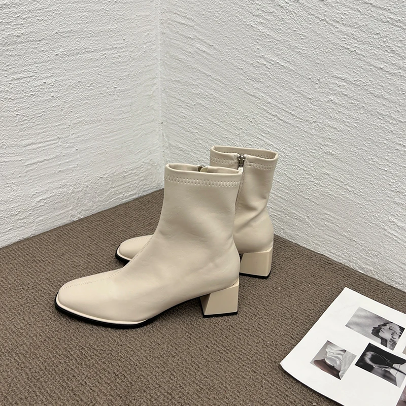 2024 Autumn Design Heel Ankle Boot  Square Toe Zipper Ladies Casual Chelsea Boot - £246.52 GBP