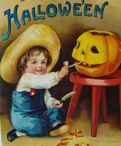 Halloween Postcard Artist Signed Ellen Clapsaddle Farm Boy Pipe and Knife Unused - £58.48 GBP