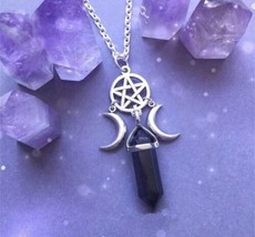 Black Obsidian Pendant - 5 Point Star And Crescent Moon Charm - Crystal Necklace - £10.20 GBP