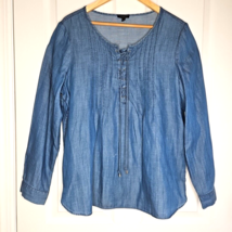 Talbots Chambray Pintuck Popover Blouse Size Large Blue Lace Up Tie Neck... - $22.31