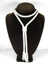 Vintage White Braided Seed Bead Sautoir Necklace Loop Tasseled Ends &amp; Slider 48&quot; - £14.89 GBP