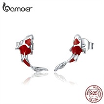Fish Red Enamel Stud Earrings for Women 925 Sterling Silver Spring Koi Ear Studs - £9.55 GBP