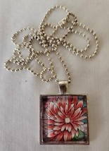 Red Flower 1” X 1” Floral Necklace  Silver 24” Ball Chain Handmade - £5.56 GBP