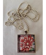 Red Flower 1” X 1” Floral Necklace  Silver 24” Ball Chain Handmade - £5.48 GBP