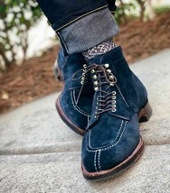 Handmade Men Ankle High Navy Blue Color Suede Leather Split Toe Boot - £119.89 GBP