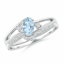 ANGARA Oval Aquamarine and Diamond Wedding Band Ring Set in 14K Solid Gold - £735.57 GBP